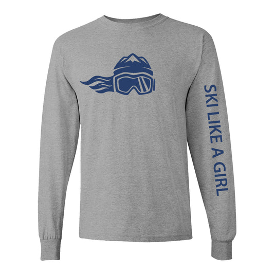Ski Like A Girl Girls Long Sleeve T-Shirt Grey Navy Blue Logo