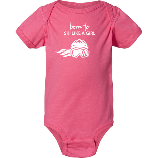 Born To Ski Like A Girl Baby Bodysuit Pink