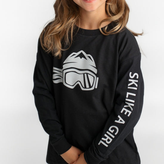 Ski Like A Girl Girls Long Sleeve T-Shirt Black Grey Logo