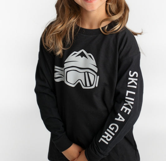 Ski Like A Girl Girls Long Sleeve T-Shirt Black Grey Logo
