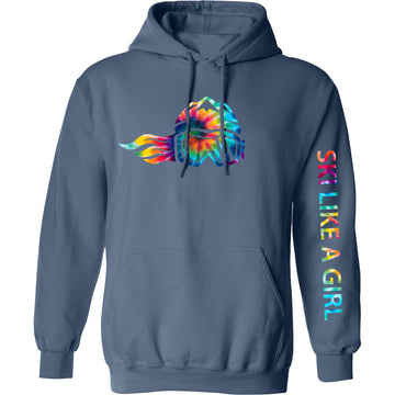 Ski Like A Girl Womens Hoodie Indigo Tie-Dye