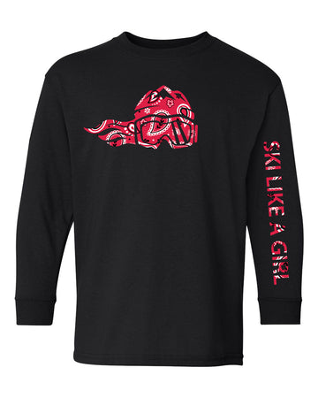 Ski Like A Girl Girls Long Sleeve T-Shirt Black Red Paisley