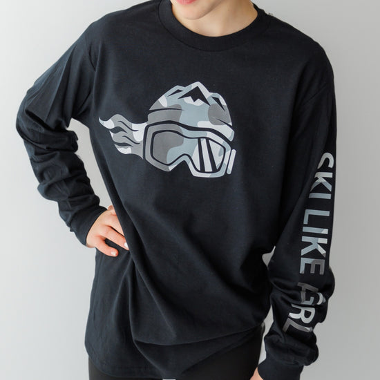 Ski Like A Girl Womens Long Sleeve T-Shirt Black White Camo