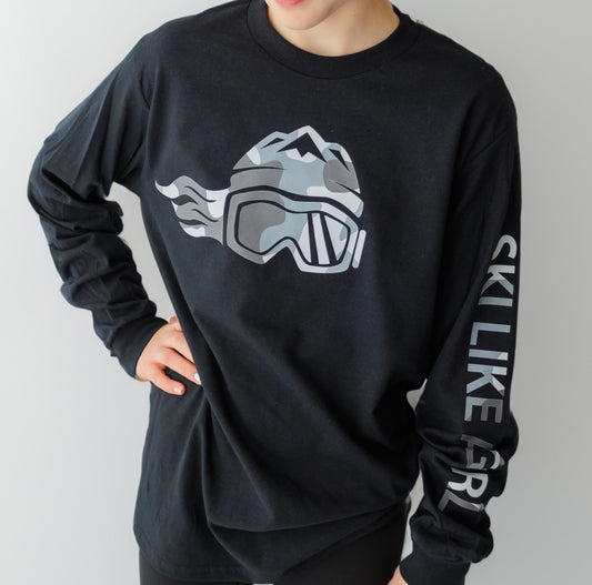 Ski Like A Girl Womens Long Sleeve T-Shirt Black White Camo