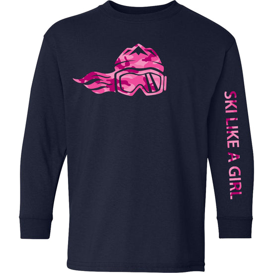 Ski Like A Girl Girls Long Sleeve T-Shirt Navy Pink Camo