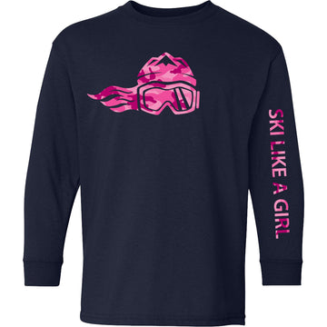 Ski Like A Girl Girls Long Sleeve T-Shirt Navy Pink Camo