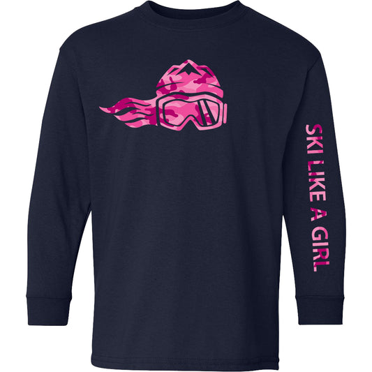 Ski Like A Girl Girls Long Sleeve T-Shirt Navy Pink Camo