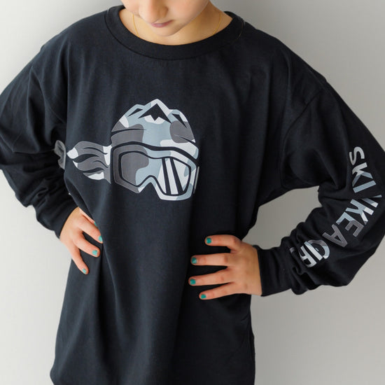 Ski Like A Girl Girls Long Sleeve T-Shirt Black White Camo