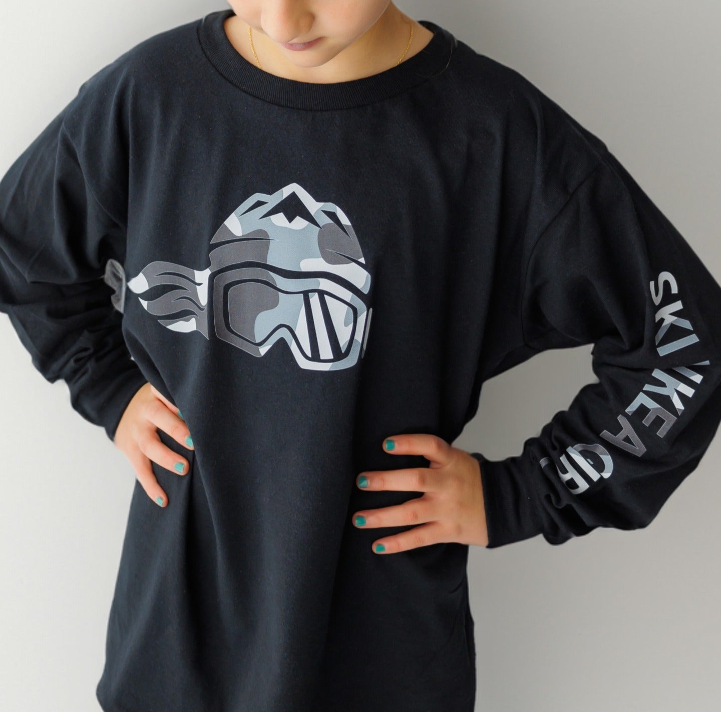 Ski Like A Girl Girls Long Sleeve T-Shirt Black White Camo
