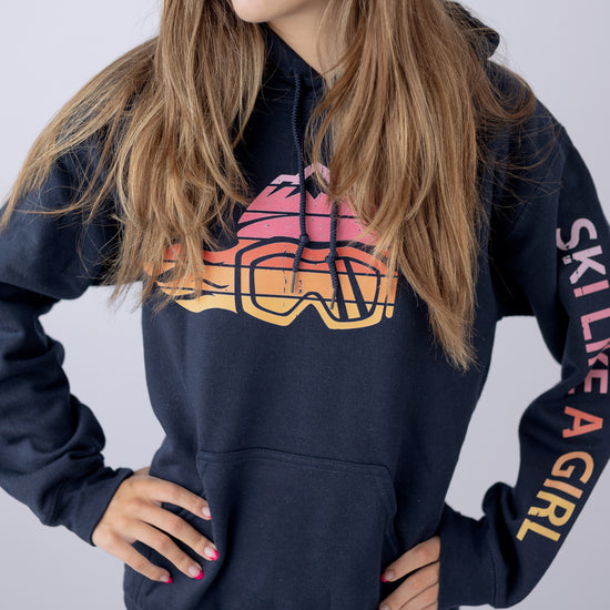 Ski Like A Girl Womens Hoodie Retro Sunset