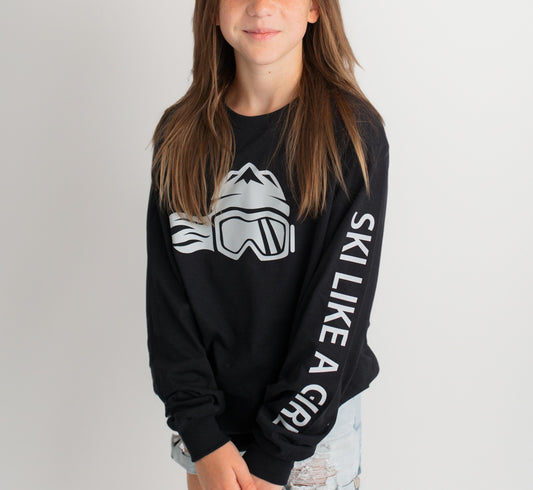 Ski Like A Girl Womens Long Sleeve T-Shirt Black Grey Logo