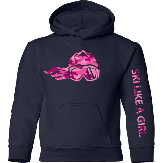 Ski Like A Girl Girls Hoodie Navy Pink Camo