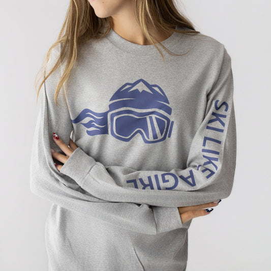 Ski Like A Girl Womens Long Sleeve T-Shirt Grey Navy Blue Logo
