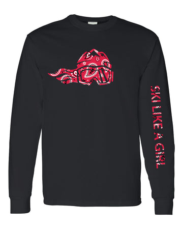 Ski Like A Girl Womens Long Sleeve T-Shirt Black Red Paisley