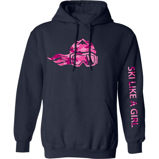 Ski Like A Girl Womens Hoodie Navy Pink Camo
