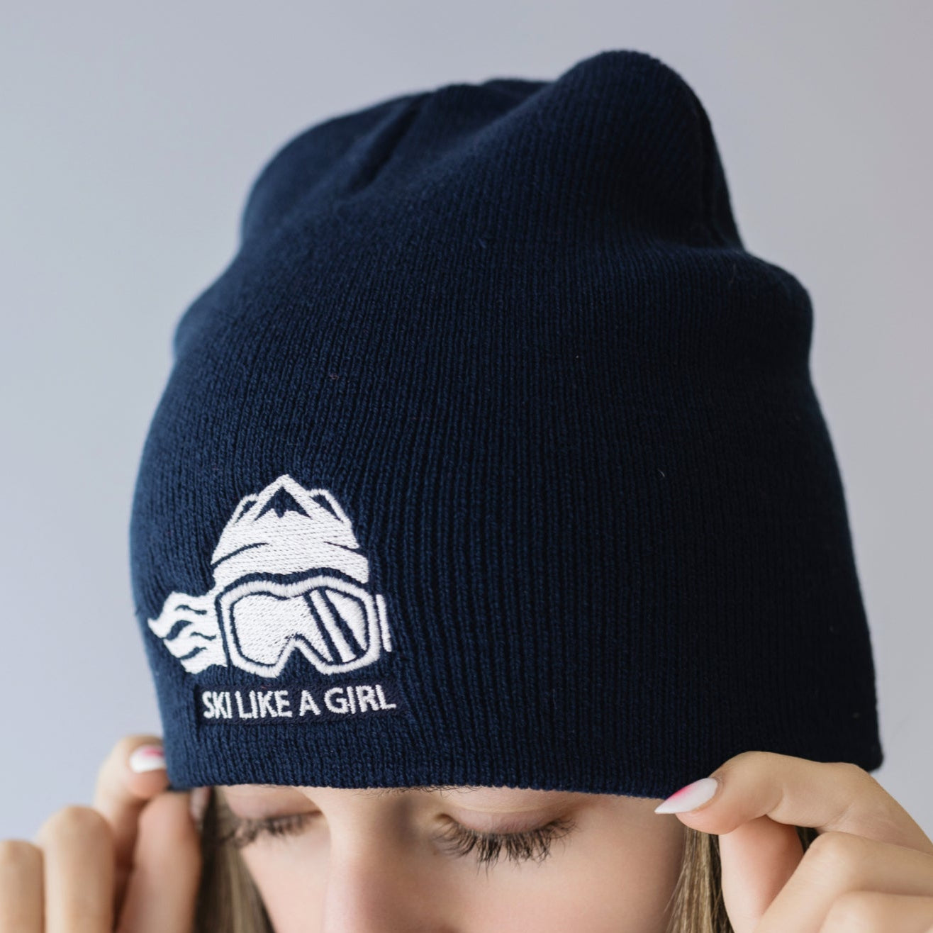 Ski Like A Girl Embroidered Beanie Navy