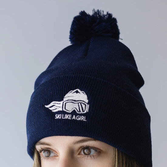 Ski Like A Girl Embroidered Pom-Pom Beanie Navy