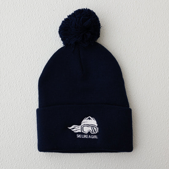 Ski Like A Girl Embroidered Pom-Pom Beanie Navy
