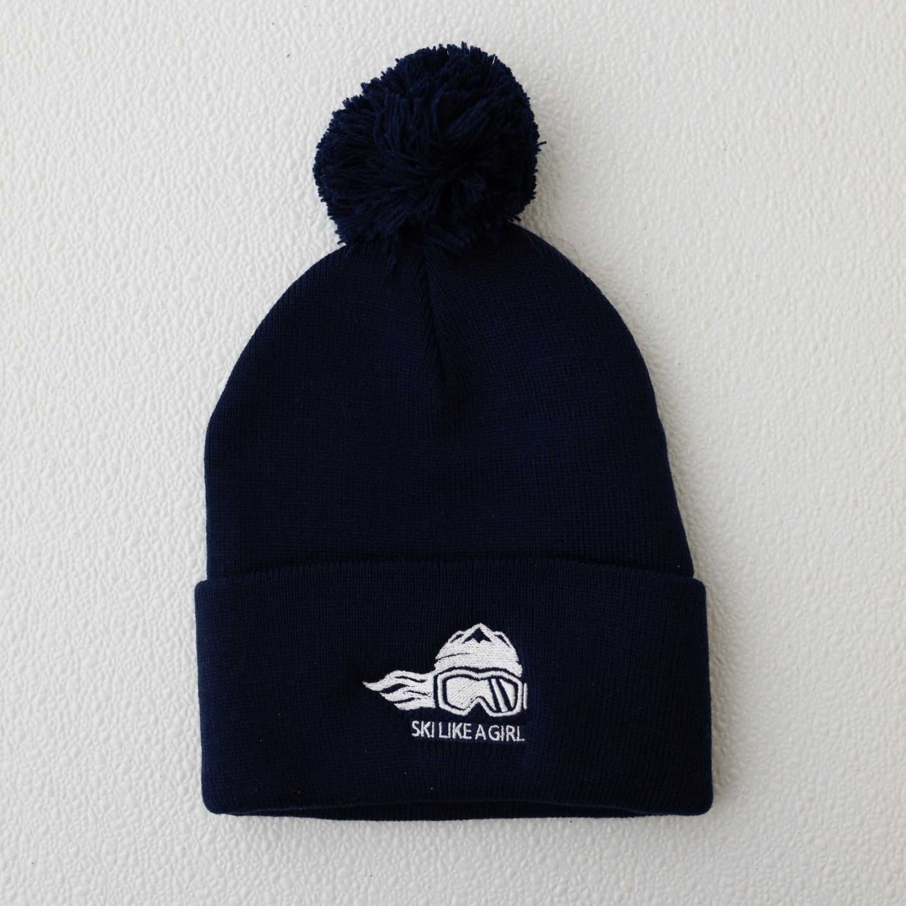 Ski Like A Girl Embroidered Pom-Pom Beanie Navy
