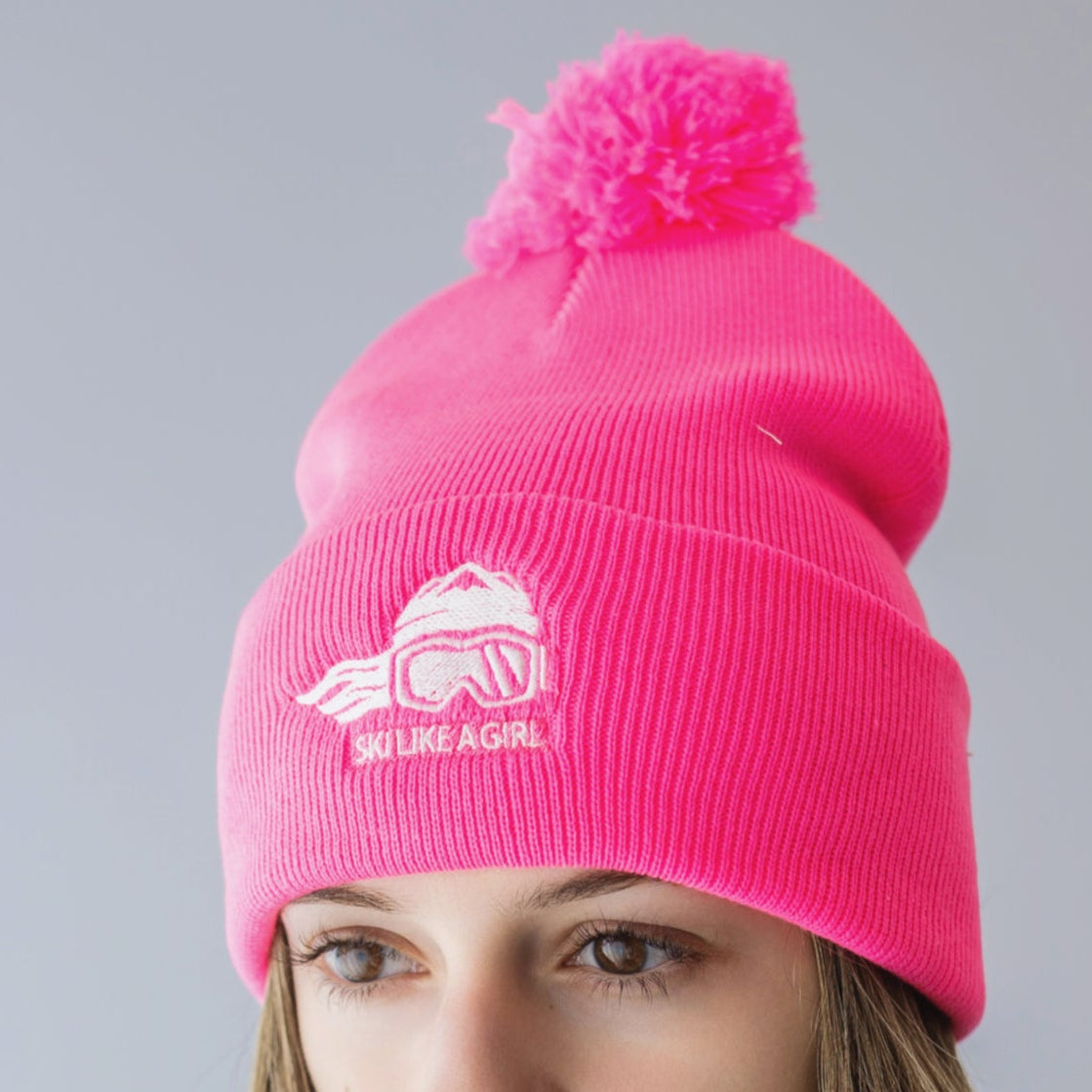 Ski Like A Girl Embroidered Pom-Pom Beanie Neon Pink