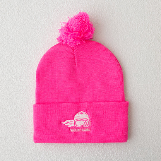 Ski Like A Girl Embroidered Pom-Pom Beanie Neon Pink