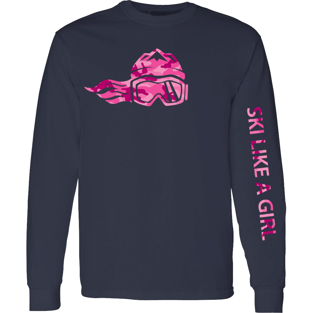 Ski Like A Girl Womens Long Sleeve T-Shirt Navy Pink Camo