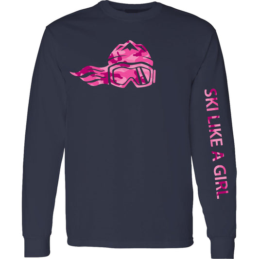Ski Like A Girl Womens Long Sleeve T-Shirt Navy Pink Camo