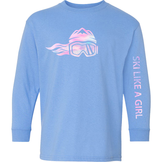 Ski Like A Girl Girls Long Sleeve T-Shirt Carolina Blue Cotton Candy
