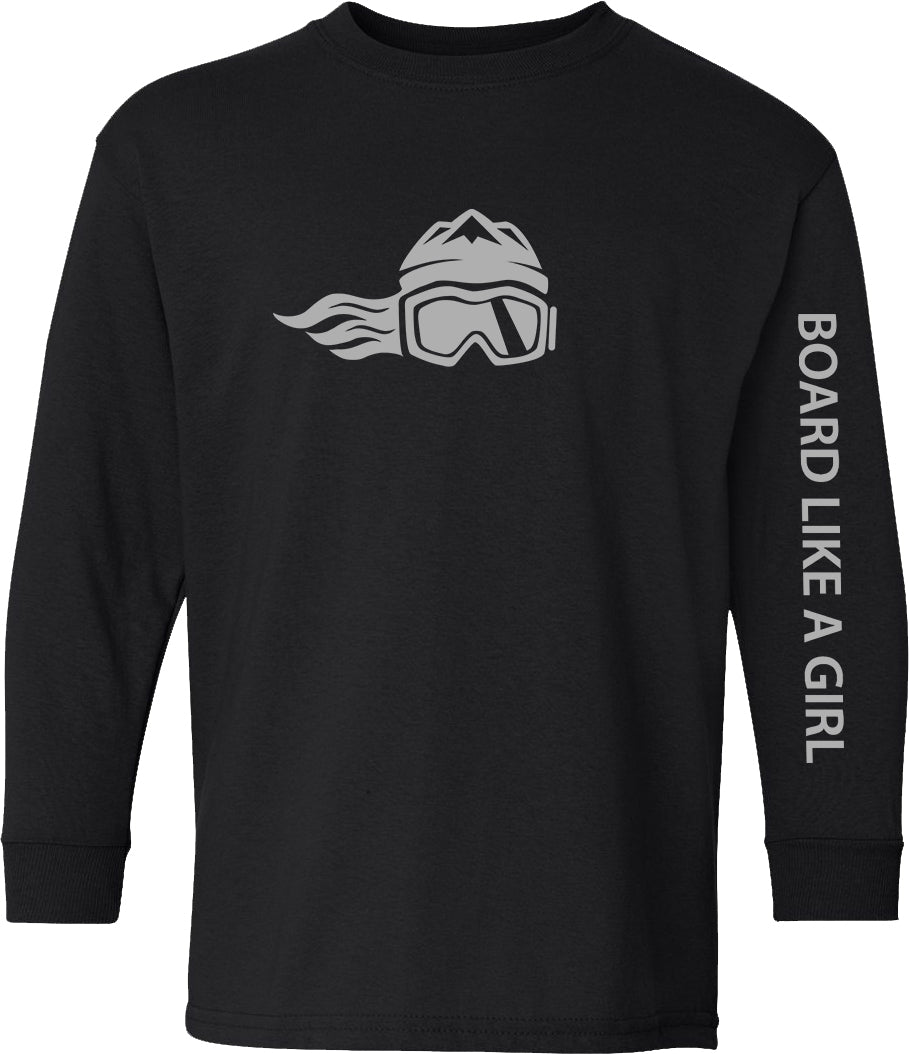 Board Like A Girl Girls Long Sleeve T-Shirt Black Grey Logo 