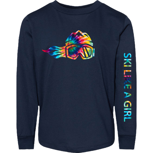 Ski Like A Girl Toddler Long Sleeve T-Shirt Navy Blue Tie-Dye