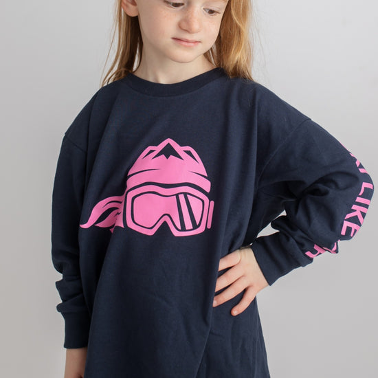 Ski Like A Girl Girls Long Sleeve T-Shirt Navy Blue Pink