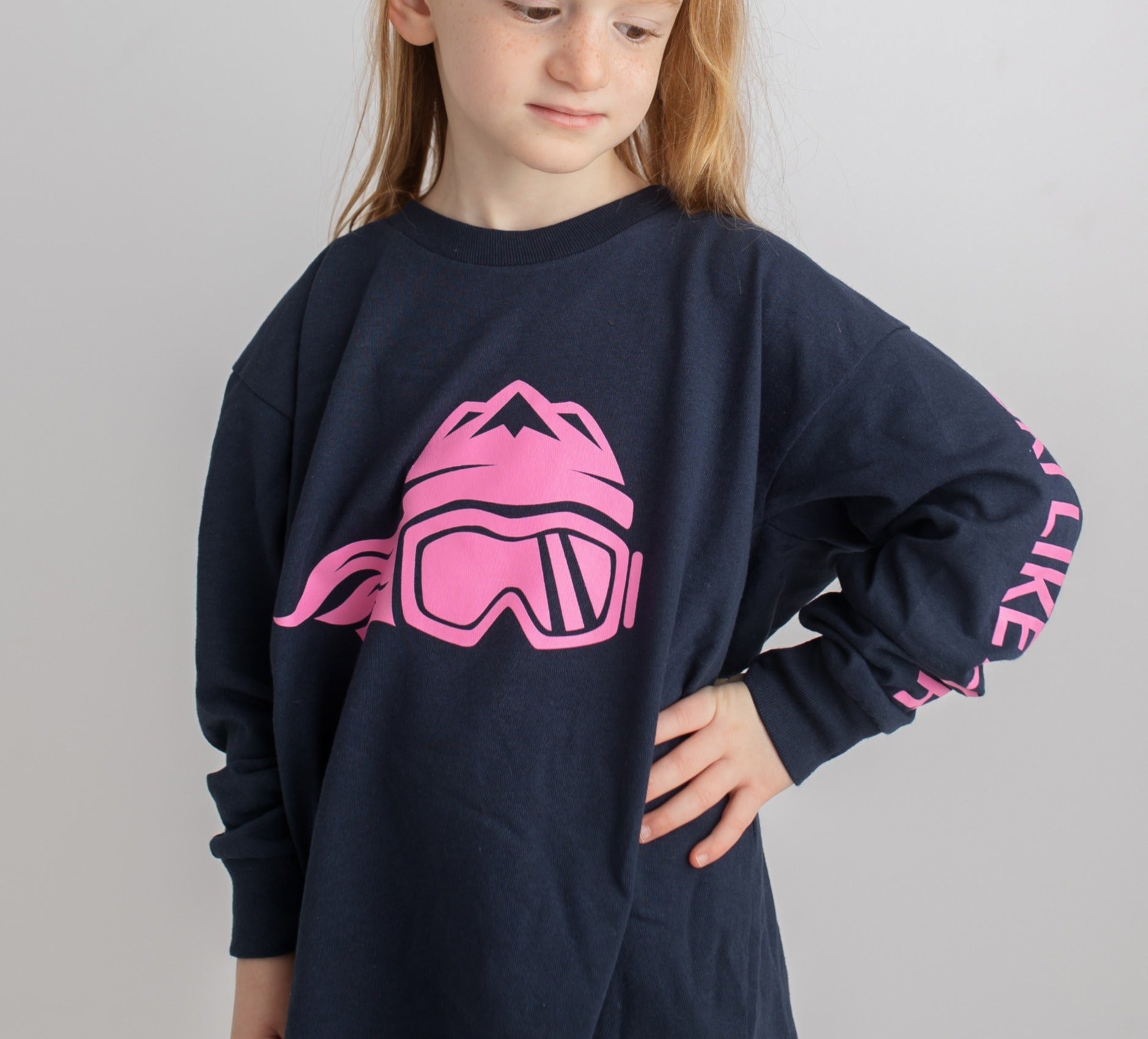 Ski Like A Girl Girls Long Sleeve T-Shirt Navy Blue Pink