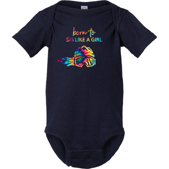 Born To Ski Like A Girl Baby Bodysuit Navy Blue Tie-Dye
