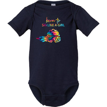 Born To Ski Like A Girl Baby Bodysuit Navy Blue Tie-Dye