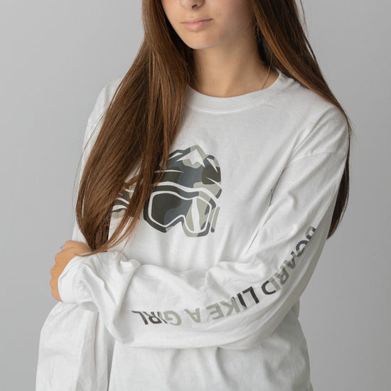 Board Like A Girl Womens Long Sleeve T-Shirt White Camouflage Logo 