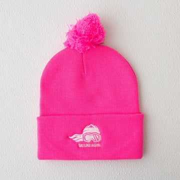 Ski Like A Girl Embroidered Pom-Pom Beanie Neon Pink - Ski Like A Girl