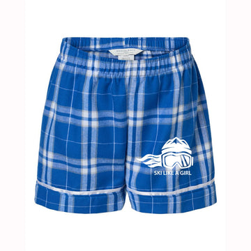Ski Like A Girl Girl's Flannel Pajama Shorts Royal Silver Plaid (Overstock) - Ski Like A Girl