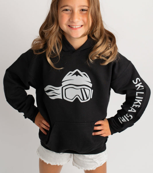 Ski Like A Girl Girls Hoodie Black Grey Logo - Ski Like A Girl