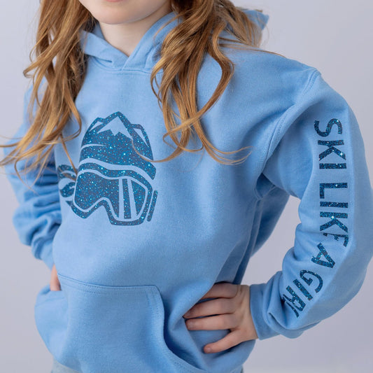 Ski Like A Girl Girls Hoodie Blue Glitter - Ski Like A Girl