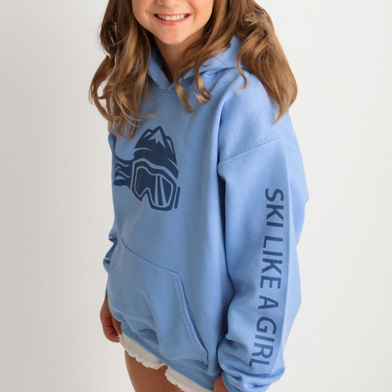 Ski Like A Girl Girls Hoodie Carolina Blue Navy Logo - Ski Like A Girl