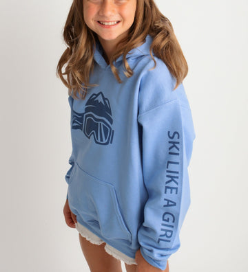 Ski Like A Girl Girls Hoodie Carolina Blue Navy Logo - Ski Like A Girl