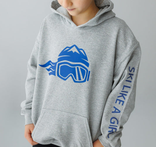 Ski Like A Girl Girls Hoodie Grey Navy Blue Logo - Ski Like A Girl
