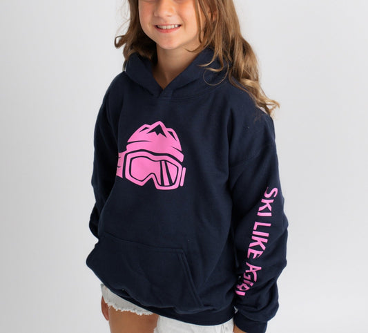 Ski Like A Girl Girls Hoodie Navy Blue Pink - Ski Like A Girl