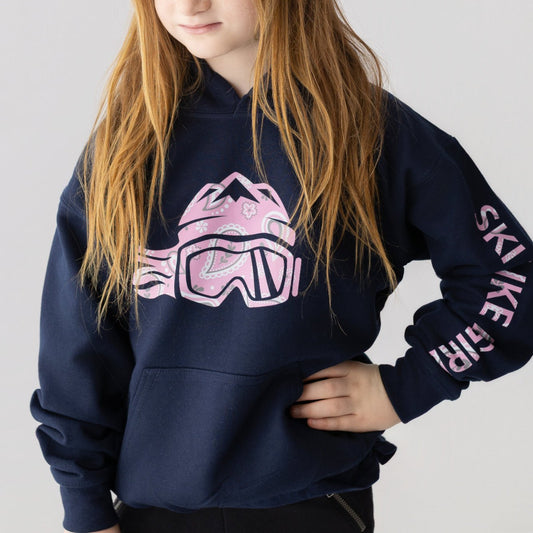 Ski Like A Girl Girls Hoodie Navy Blue Pink Paisley - Ski Like A Girl