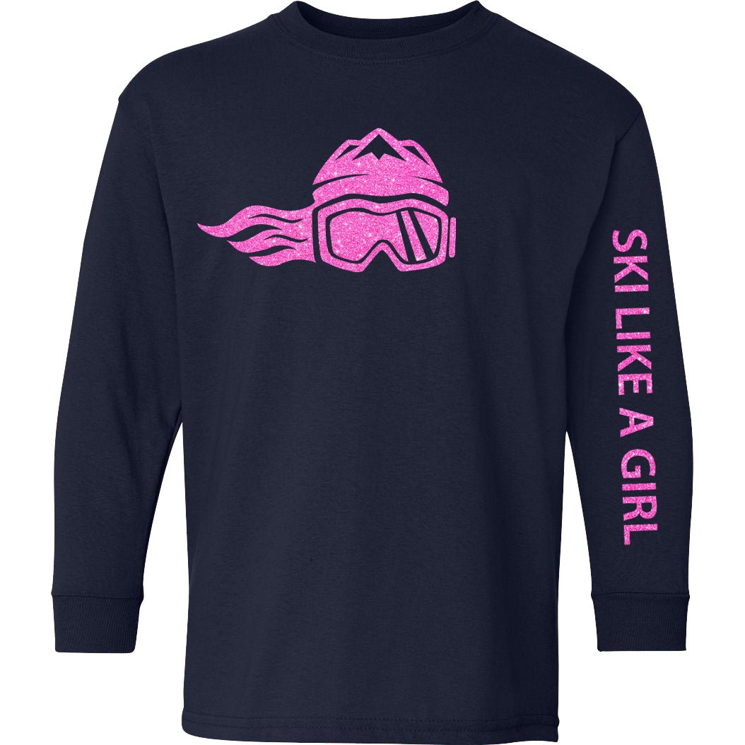 Ski Like A Girl Girls Long Sleeve T-Shirt Pink Glitter - Ski Like A Girl