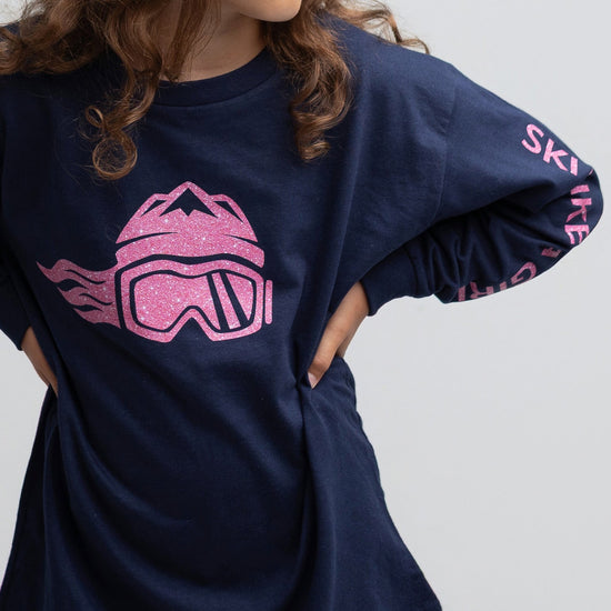 Ski Like A Girl Girls Long Sleeve T-Shirt Pink Glitter - Ski Like A Girl