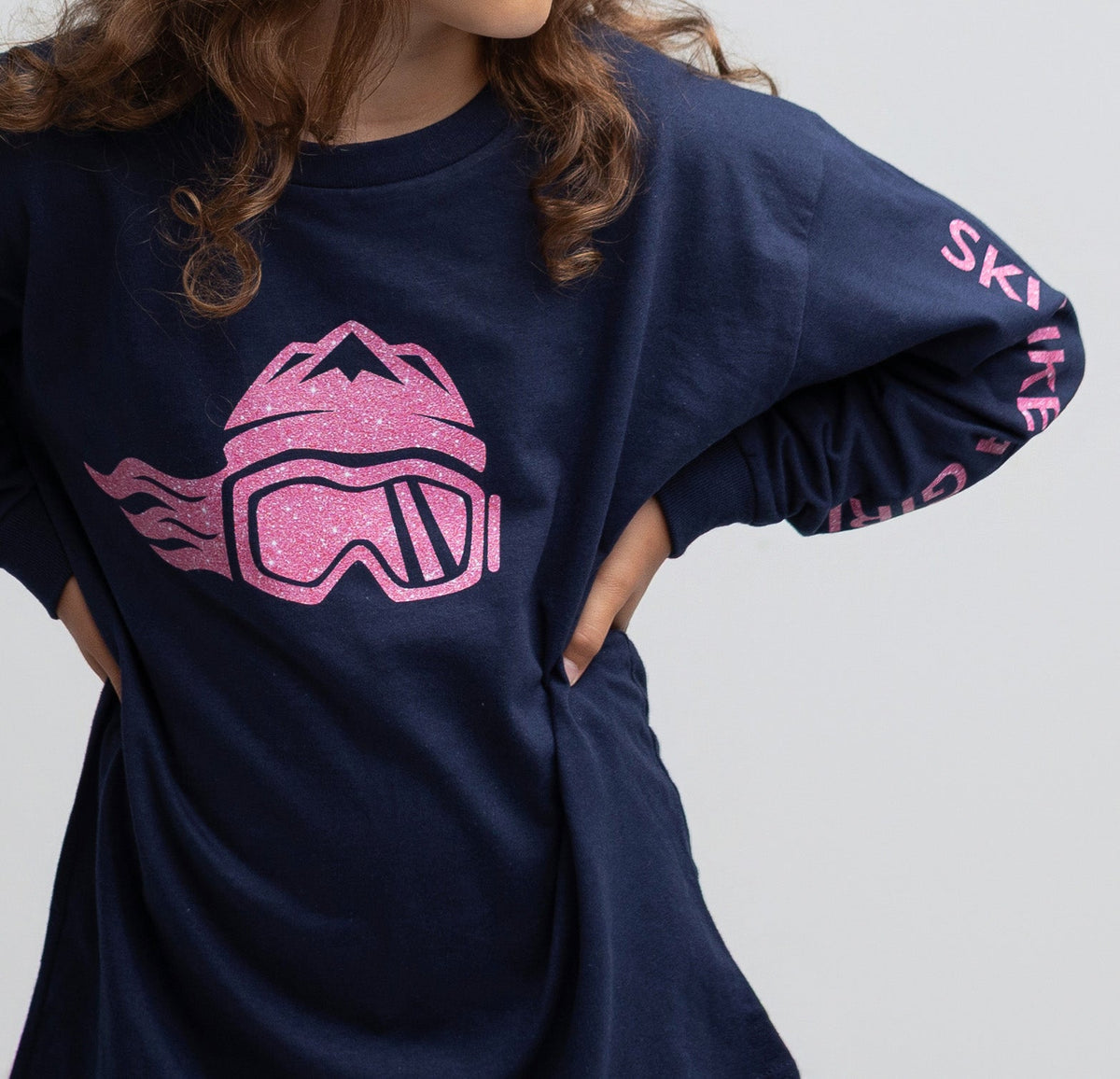 Ski Like A Girl Girls Long Sleeve T-Shirt Pink Glitter - Ski Like A Girl