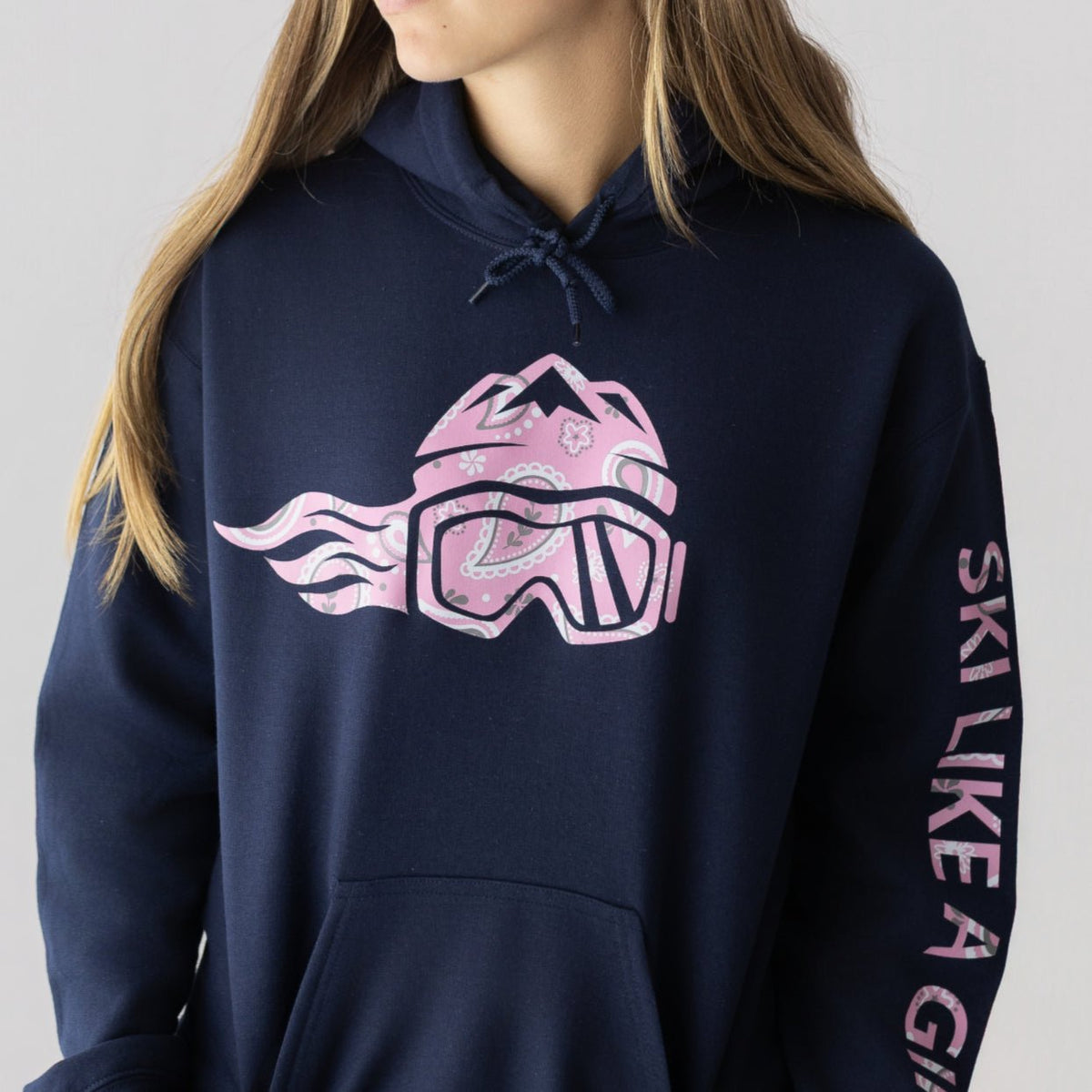 Ski Like A Girl Womens Hoodie Navy Blue Pink Paisley - Ski Like A Girl