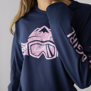 Ski Like A Girl Womens Long Sleeve T-Shirt Navy Blue Pink Paisley - Ski Like A Girl