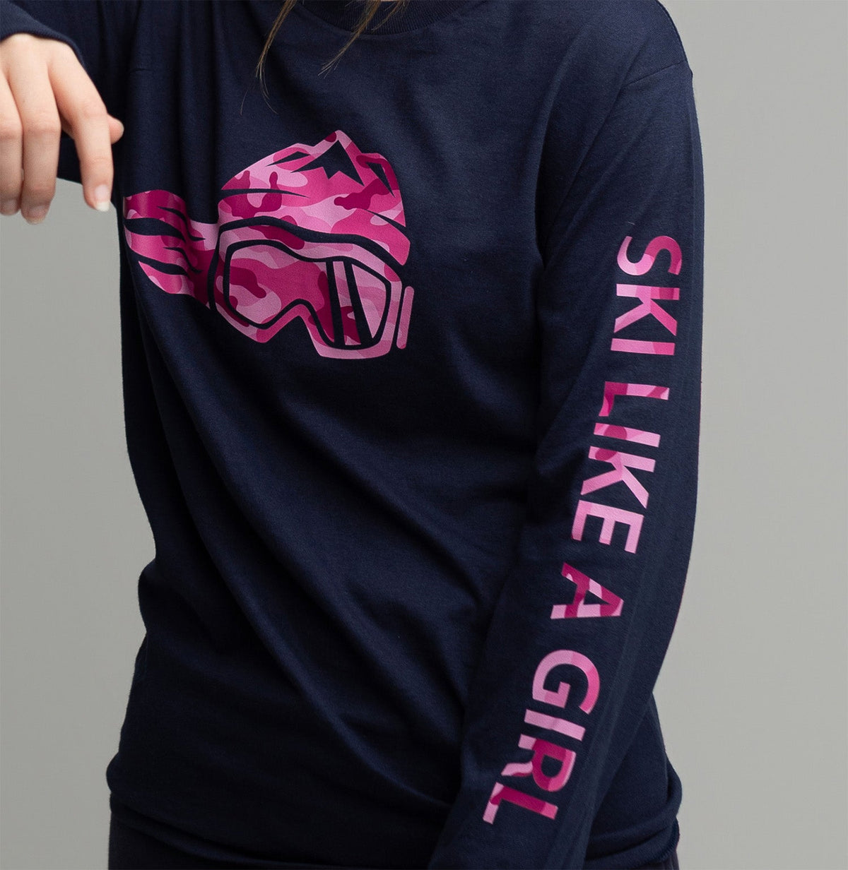 Ski Like A Girl Womens Long Sleeve T-Shirt Navy Pink Camo - Ski Like A Girl